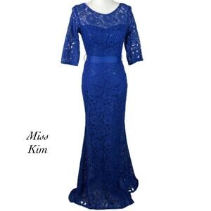 Miss Kim Blue Lace Sequin Belt Waist Mermaid Evening Gown Prom Dress NWOT Size S